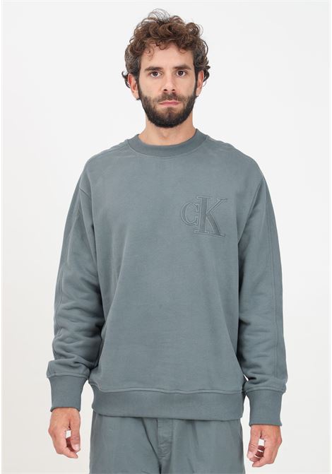 Green crewneck sweatshirt for men with CK monogram embroidery CALVIN KLEIN JEANS | J30J325634PSLPSL